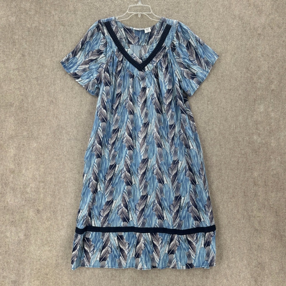 Loungees Pockets XL Blue Feather Print Cotton Muumuu House Dress Flutter Sleeve